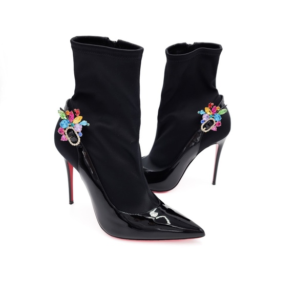 Christian Louboutin Shoes - Christian Louboutin Jessie Joli Crystal Satin Black Patent Leather Bootie EU 37